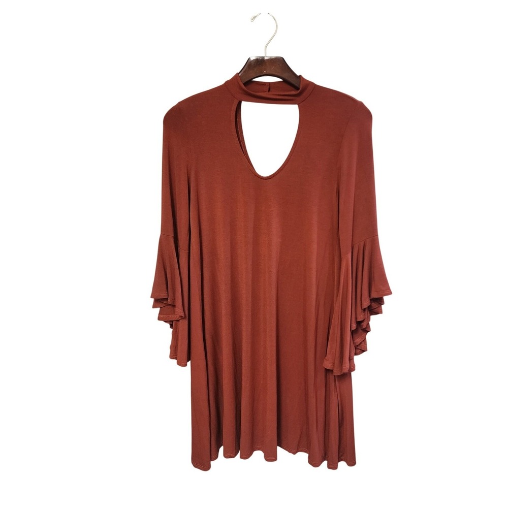 MTS Women Rust Brown Bamboo Viscose Cutout Mock Neck Tiered Bell Sleeve Tunic S